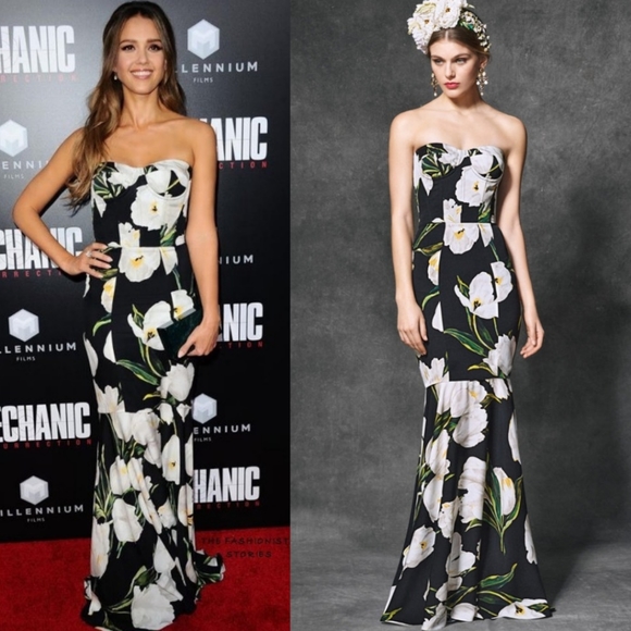 L'ATISTE BY AMY White Green Floral Print Strapless Mermaid Maxi Dress Small - Picture 1 of 12